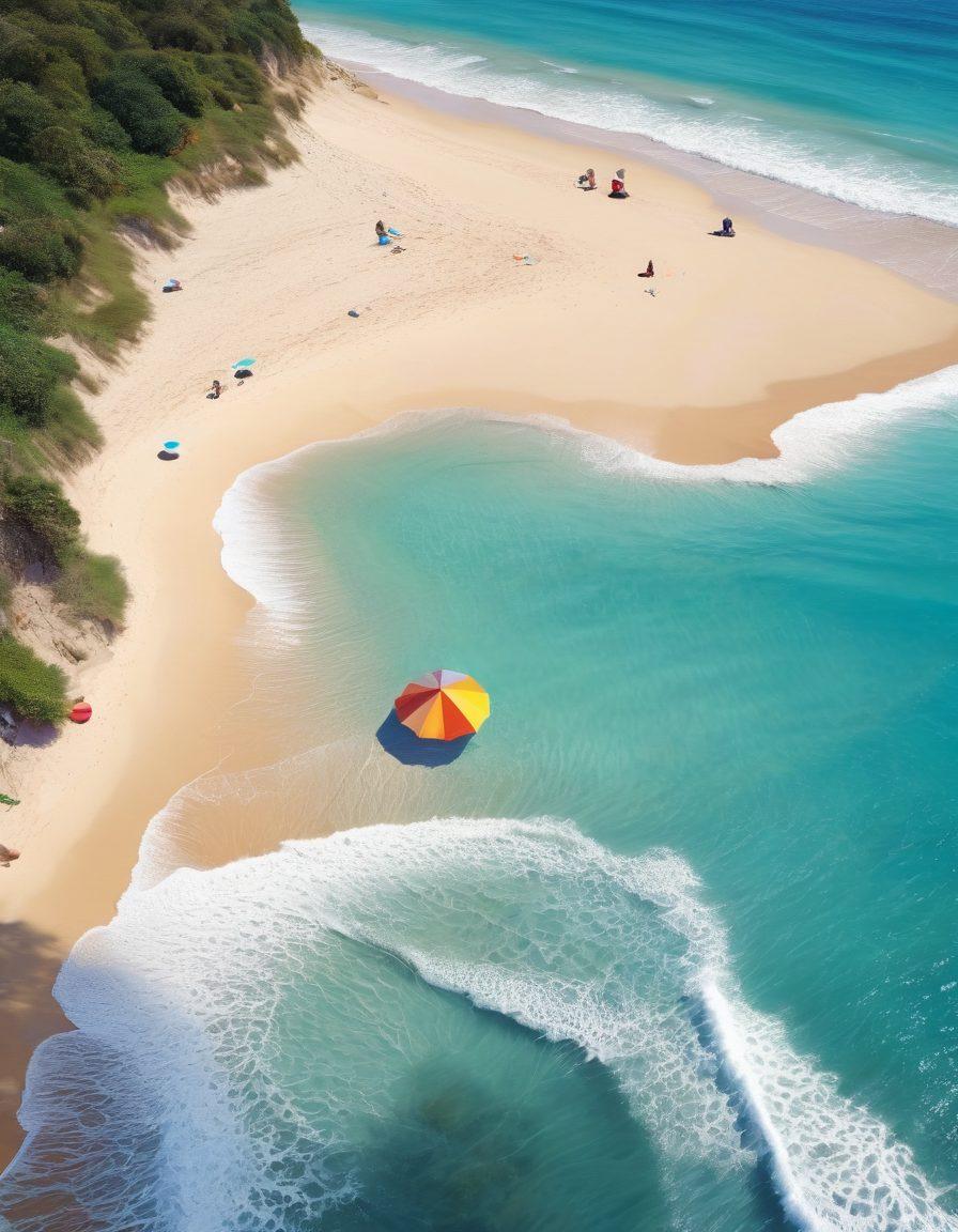 A serene beach scene depicting a confident person in stylish beachwear, walking along the shoreline with a calm expression. Surrounding elements include soft waves, colorful beach umbrellas, and distant beachgoers enjoying their day. Incorporate subtle visual cues like a protective aura or shield around the individual, suggesting safety and peace. Bright, cheerful colors with a clear blue sky emphasize a positive atmosphere. vibrant colors. 3D.