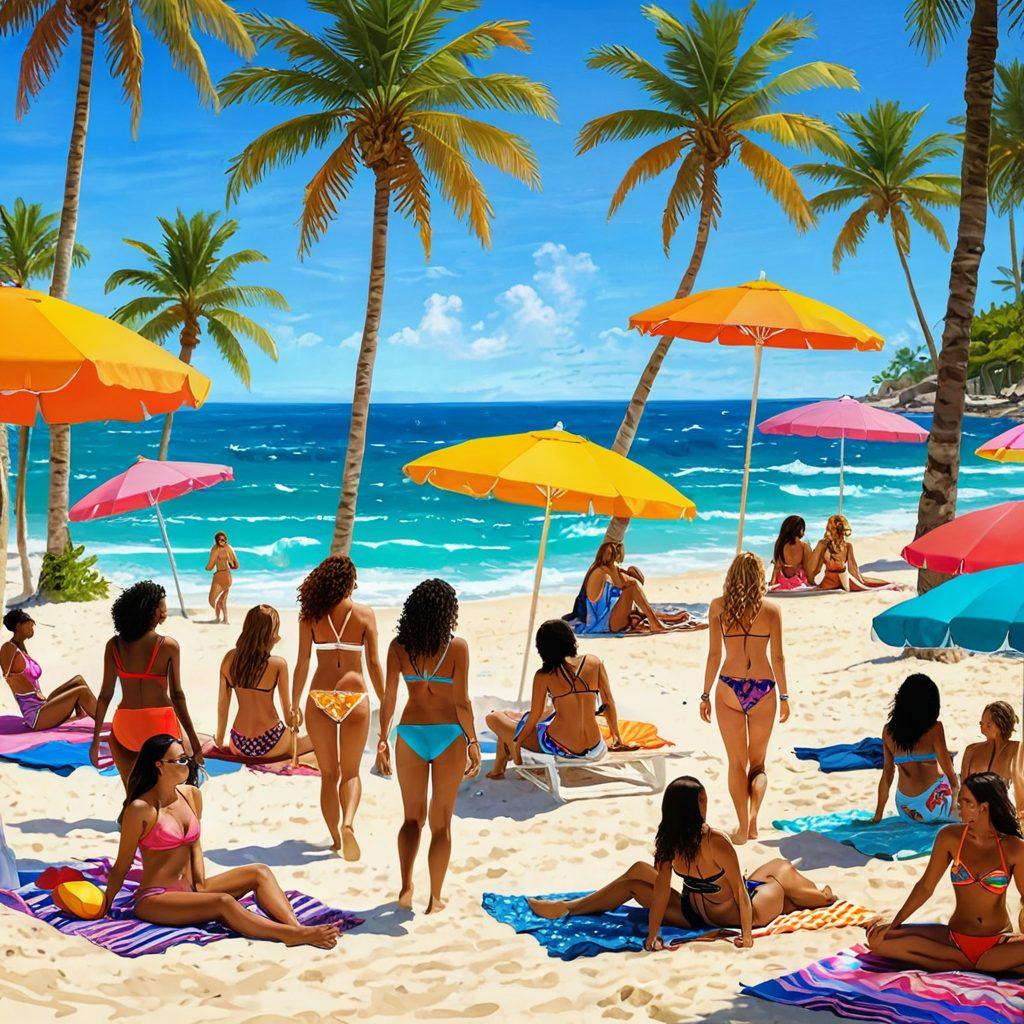 An inclusive beach scene featuring diverse women confidently wearing stylish bikinis of various colors and patterns, sharing laughter and joy under the sun. Surround them with a vibrant backdrop of palm trees, beach umbrellas, and ocean waves, while subtly hinting at the importance of safety with background lifeguards observing. The atmosphere radiates positivity and empowerment, showcasing body diversity. colorful illustration. modern art. vibrant colors. sunny beach setting.